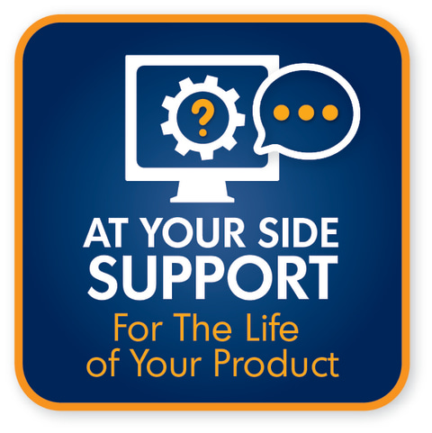 Graphic with computer chat icon and text reading "At Your Side support for the life of your product"