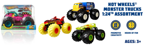 Hot Wheels Monster Trucks 1:24 Scale Vehicles, Collectible Die-Cast Metal  Toy Trucks with Giant Wheels & Stylized Chassis, Gift for Kids Ages 3 Years