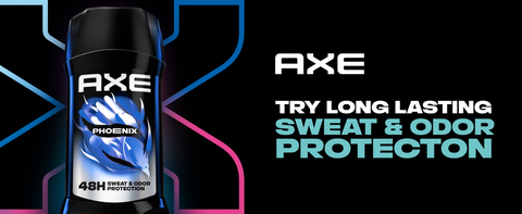 Image of Axe Phoenix Spray, dark background with logo &amp; headline about non-stop freshness.