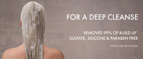 Woman with wet hair covered in product next to text highlighting product benefits.