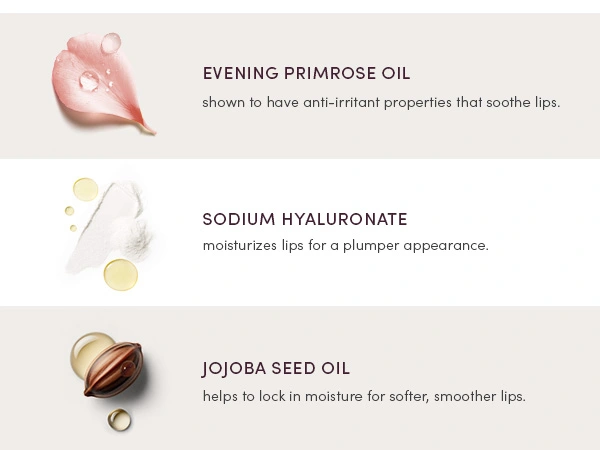 Images of ingredients and descriptions, including: Evening Primrose Oil, shown to have anti-irritant properties that soothe lips, Sodium Hyaluronate, moisturizes lips for a plumper appearance, and Jojoba Seed Oil, helps to lock in moisture for softer, smoother lips