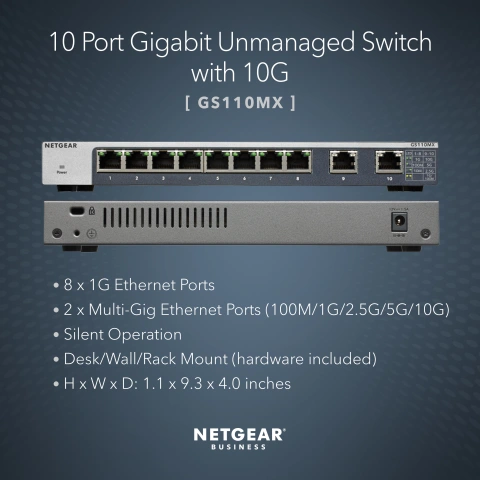 NETGEAR GS110MX 8GB-Port/2 Multi GB Pts up to10G Unmanaged