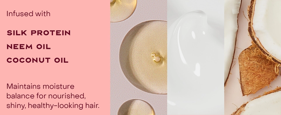 Image of formula infusion ingredients: silk protein, neem oil and coconut oil.