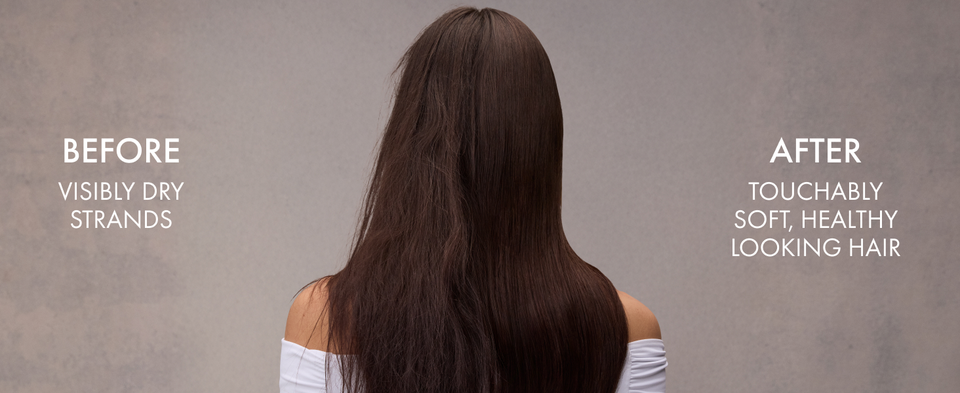 Woman shown from behind with straight hair split to compare before and after conditioner results.
