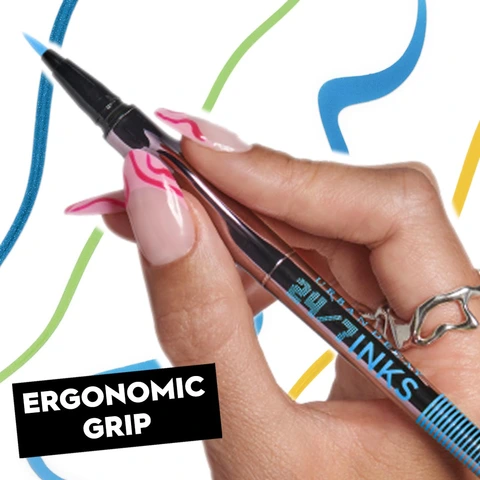 Ergonomic Grip, model with inks pencil in hand, nails with pink swirls