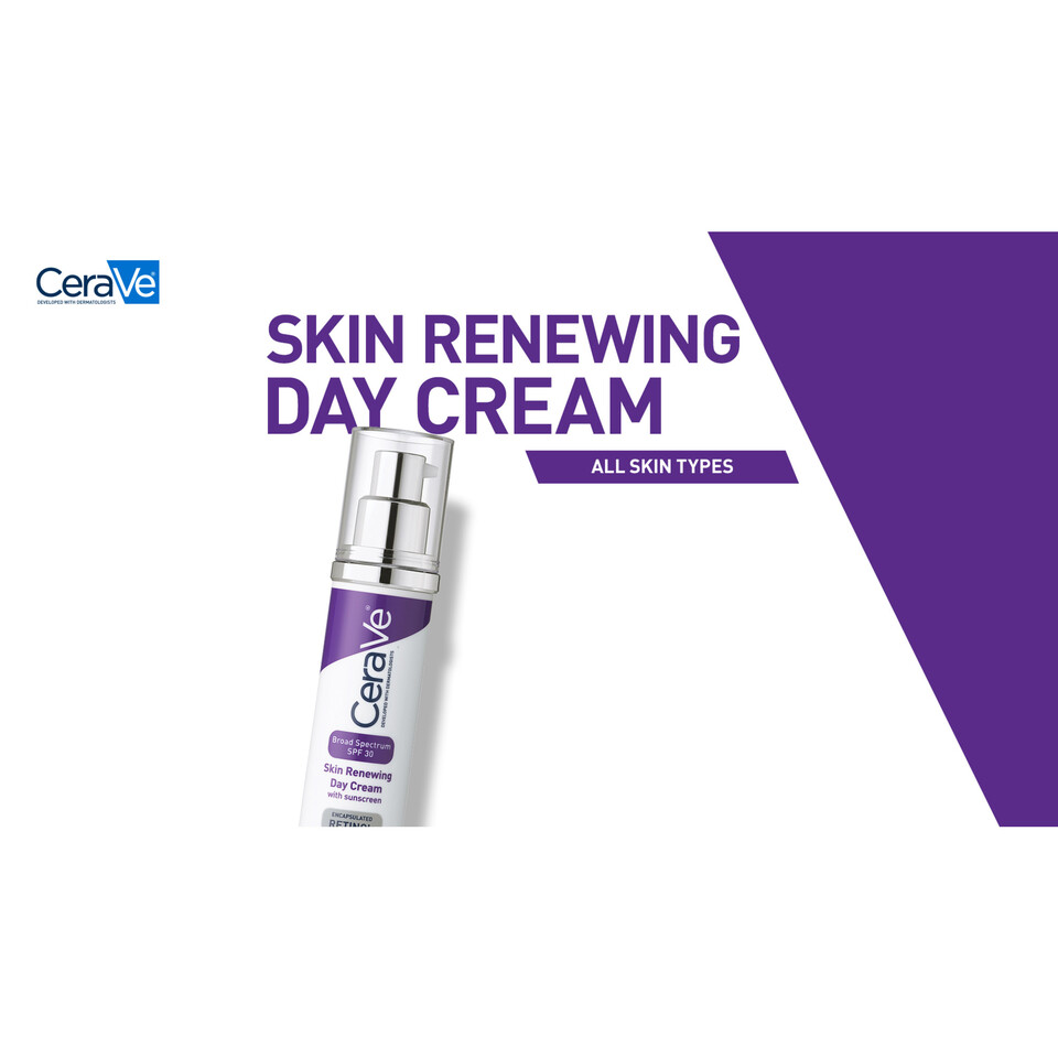 thumbnail video image 2 of CeraVe Skin Renewing Retinol Day Face Cream with Sunscreen, SPF 30, 1.76 oz, 2 of 17