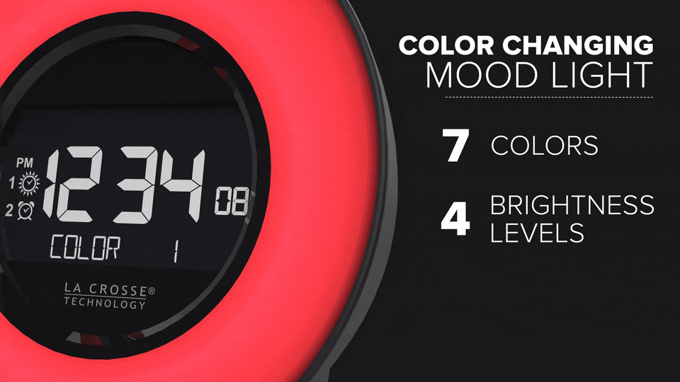 La Crosse 7 Color Mood Light LCD Alarm Clock with Nature Sounds 