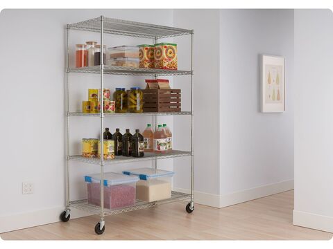 wire shelving rack filled with pantry supplies