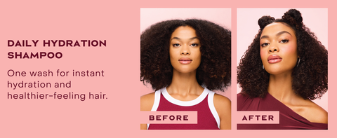 Two images of the same woman comparing her hair before and after applying our shampoo.