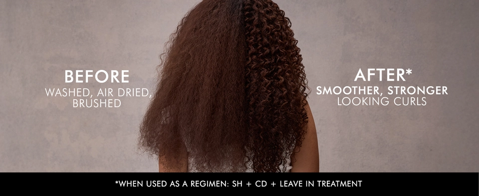 Curly hair before and after Keraphix regimen showing smoother, stronger curls.