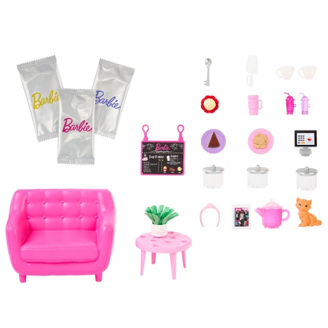 Barbie Cute n Cozy Cafe Doll and Playset 21 Accessories with Color Change Teapot Mattel