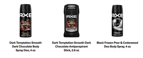 AXE products lineup, Dark Temptation body spray, Dark Temptation antiperspirant stick, Black spray.