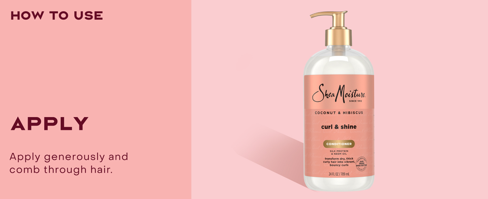 Image of the SheaMoisture Curl &amp; Shine Conditioner pump bottle, next to applying instructions.