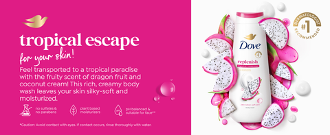 Text on fuchsia backdrop next to a Dove body wash bottle amid dragon fruit slices &amp; creamy bubbles.
