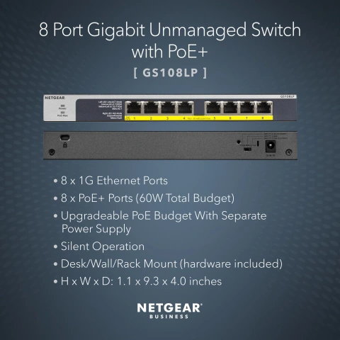 NETGEAR GS108LP 8-Port Gigabit Ethernet Unmanaged PoE Switch; 8 x 