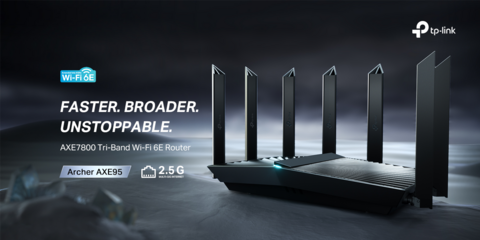 Archer AXE95 AXE7800 black tri-band WiFi 6E router, headline Faster Broader Unstoppable