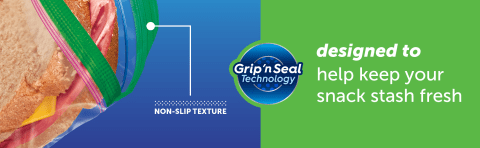 Non-slip texture: Grip &#39;n seal technology. Designed to help keep your snack stash fresh.