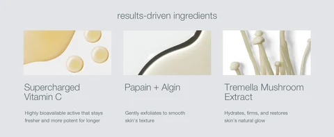 Skincare ingredients panel with vitamin C, papain, algin, and tremella mushroom extract benefits