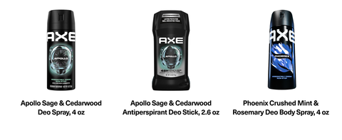 AXE products lineup, Apollo spray, Apollo antiperspirant stick, Pheonix body spray.