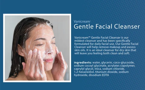 Vanicream™ Gentle Facial Cleanser is our mildest cleanser and has been specifically formulated for daily facial use. Our Gentle Facial Cleanser will help remove makeup and excess skin oils. It is an ideal cleanser for dry skin that will leave you feeling both clean and soft. Ingredients: water, glycerin, coco-glucoside, sodium cocoyl glycinate, acrylates copolymer, caprylyl glycol, mica, sodium chloride, 1,2-hexanediol, titanium dioxide, sodium hydroxide, disodium EDTA