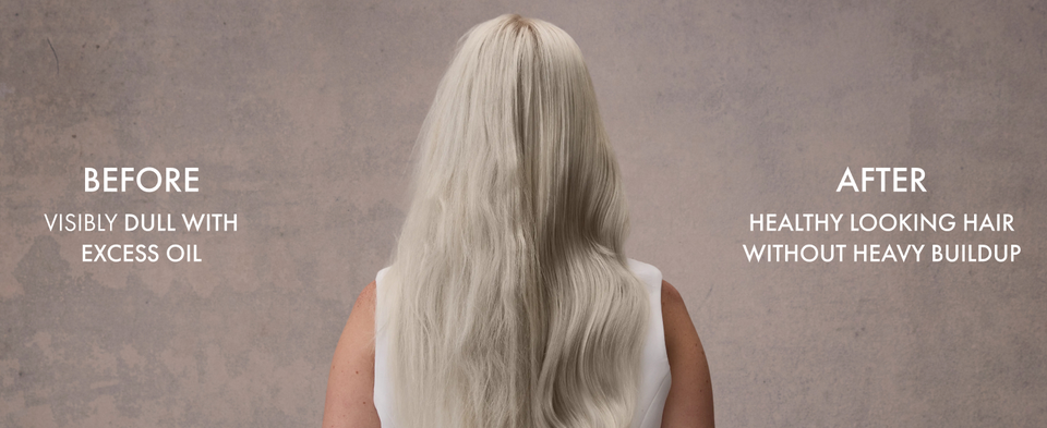 Backshot of woman's straight hair split in half showing how it goes from flat to voluminous.
