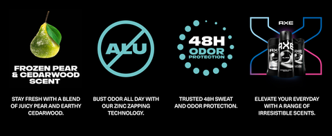 4 icons: fresh, juicy pear, no-aluminum, 48H protection, full range of products.