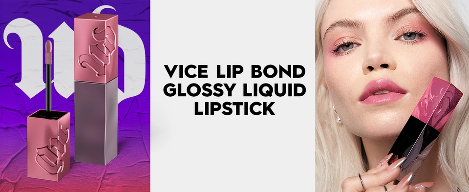 Model holding Urban Decay&#39;s Vice Lip Bond Glossy Liquid Lipstick