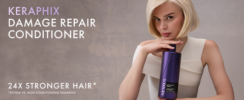 Fancy blond woman with short hair holding a Nexxus Keraphix Damage Repair Conditioner next to text.
