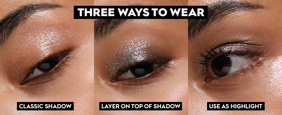 Three ways to wear Moondust Monos as a classic shadow, layer on top of shadow, or use as a highlight