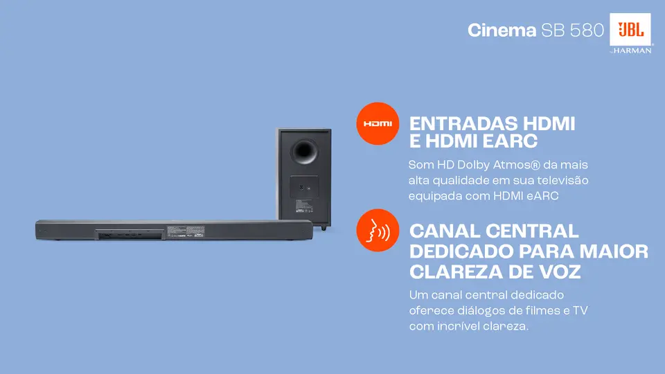 Soundbar JBL Cinema SB580, 3.1 Canais, com Subwoofer, Bluetooth e