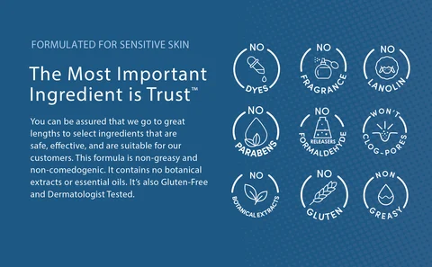 Formulated for Sensitive Skin. The Most Important Ingredient is Trust™. You can be assured that we go to great lengths to select ingredients that are safe, effective, and are suitable for our customers. This formula is non-greasy and non-comedogenic. It contains no botanical extracts or essential oils. It’s also Gluten-Free and Dermatologist Tested