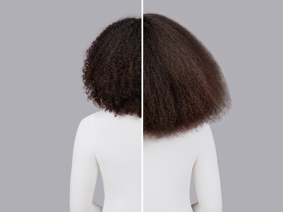 Dyson Chitosan styling range before and after results on brown coily hair.