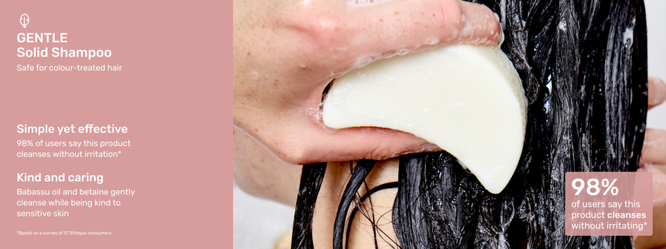 Image of Ethique Beauty&#39;s Gentle Solid Shampoo in use with a medium lather.