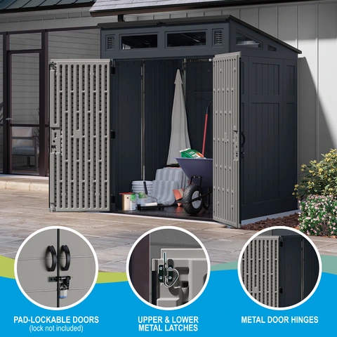 Pad-Lockable Doors (lock not included). Upper and Lower metal latches. Metal door hinges.