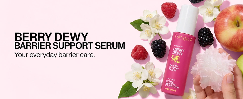 Pacifica Berry Dewy Barrier Support Serum bottle on white, highlighting vegan ceramide hydration to support skin’s moisture barrier and dewy glow.