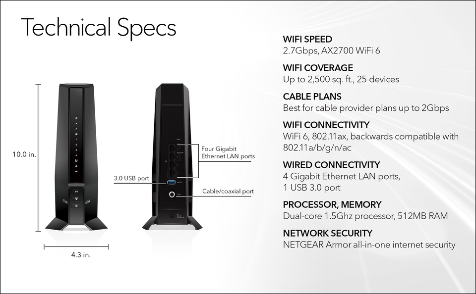 NETGEAR Nighthawk CAX30 AX2700 WiFi 6 Cable Modem Router Homesmartcamera