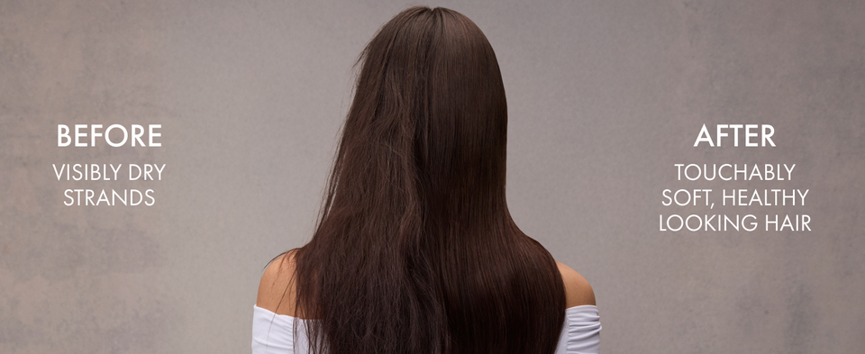 Before and after of a woman's straight hair going from dry to touchable soft with Nexxus. 