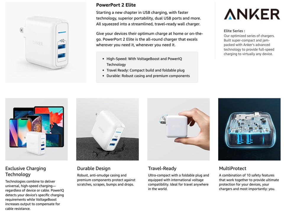 Anker - Cargador USB doble de pared, PowerPort II de 24W, ultracompacto,  con tecnología PowerIQ y enchufe plegable, para iPhone Xs/XS