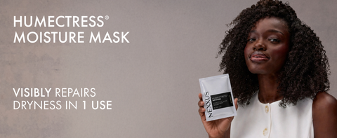 Woman holding Nexxus Humectress Moisture Mask beside dryness repair text.