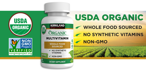 USDA hữu cơ. Toàn bộ thực phẩm có nguồn gốc. Không có vitamin tổng hợp. Không biến đổi gen.