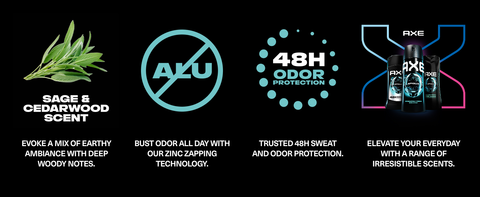 4 icons: Sprig of sage, no-aluminum, 48H protection, full range of products.