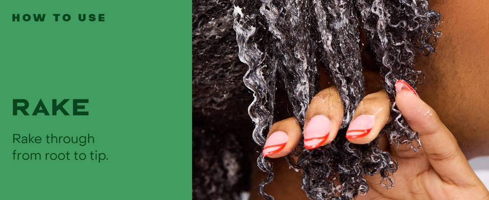 Three images across, hand holding conditioner jar, hand combing hair, and woman with dreadlocks.