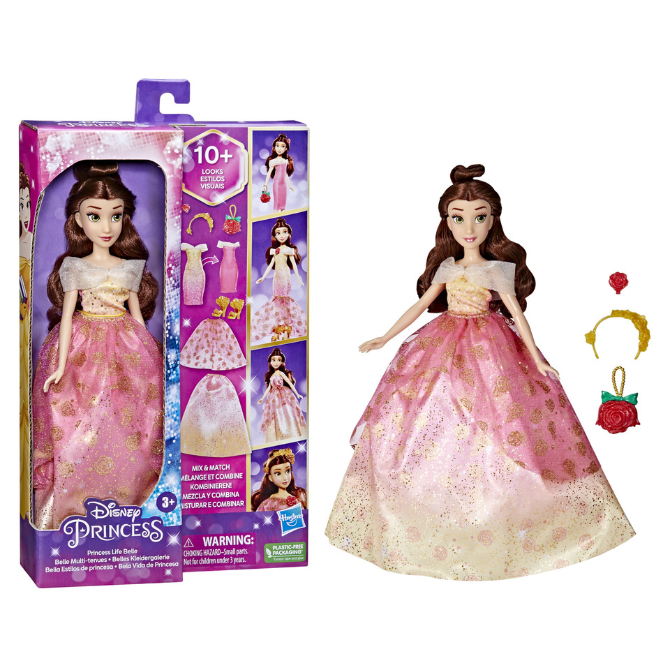 thumbnail video image 2 of Disney Princess Life Belle Fashion Doll, 10 Outfit Combinations and Accessories, 2 of 6