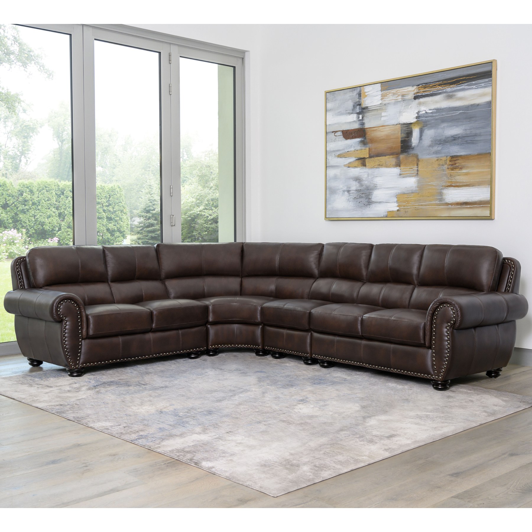 Austin Top Grain Leather Sectional With, Brown Leather And Microfiber Sectional