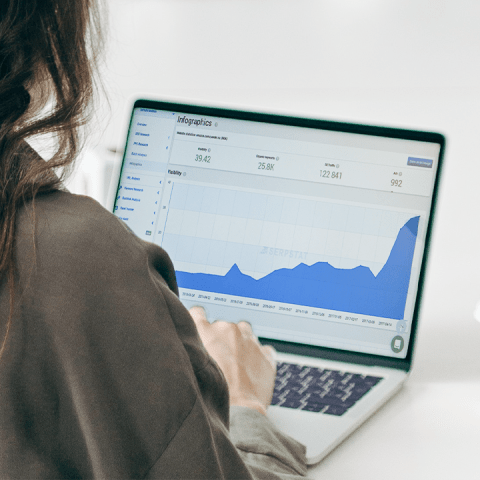 Comprehensive Reports – Woman looking at a chart on a laptop screen.