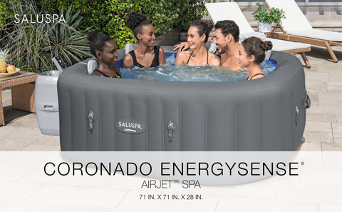 The SaluSpa&#174; Coronado EnergySense AirJet™ spa is 71 inches by 71 inches by 28 inches.