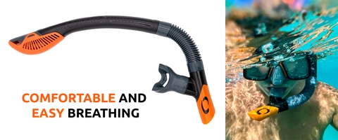 "Comfortable and easy breathing". Image of snorkel and a guy snorkeling