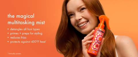the magical multitasking mist, detangles all hair types, primes + preps for styling, reduces frizz, protects against 450 degree heat
