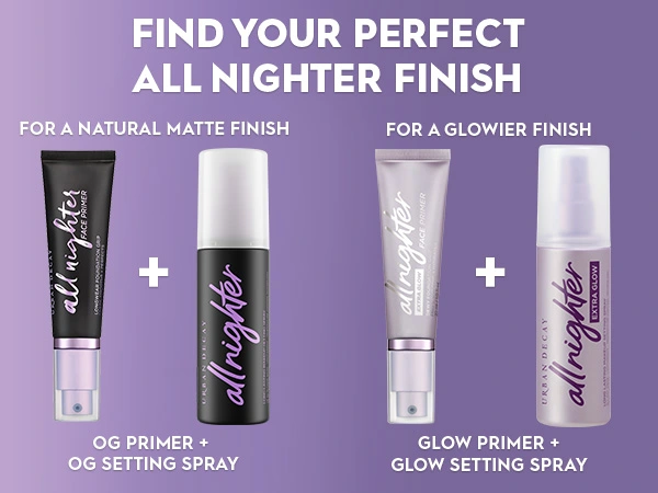 Image showcasing how to find your perfect finish including original All Nighter Primer and Setting Spray and Extra Glow Primer and Setting Spray