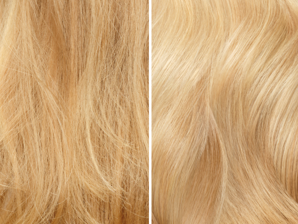 Before and after of naturally wavy, blonde hair nourished with Dyson Omega products.